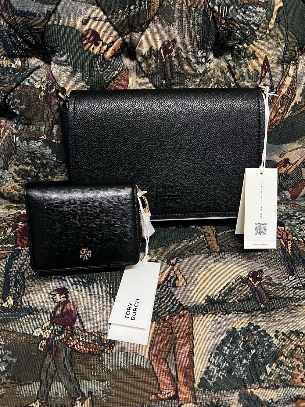 Tory Burch Thea Flap Crossbody & Rory Charms Mini Wallet Set – Black – New